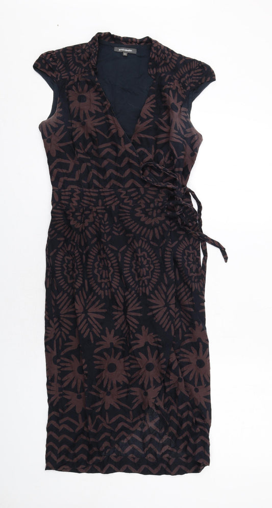 Emily and Fin Womens Black Geometric Cotton Wrap Dress Size S V-Neck Tie