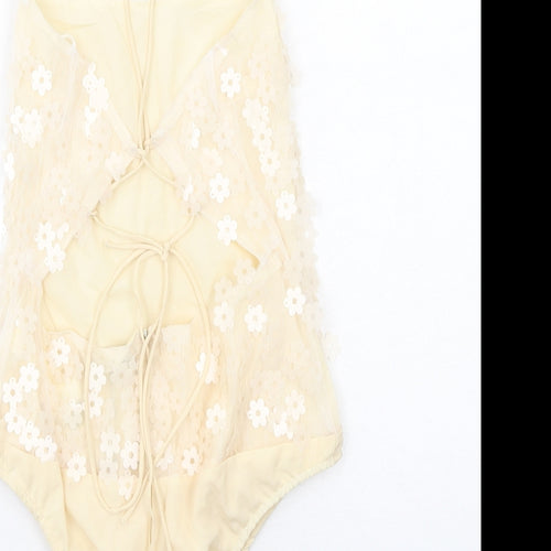 Zara Womens Ivory Floral Polyester Bodysuit One-Piece Size M Zip