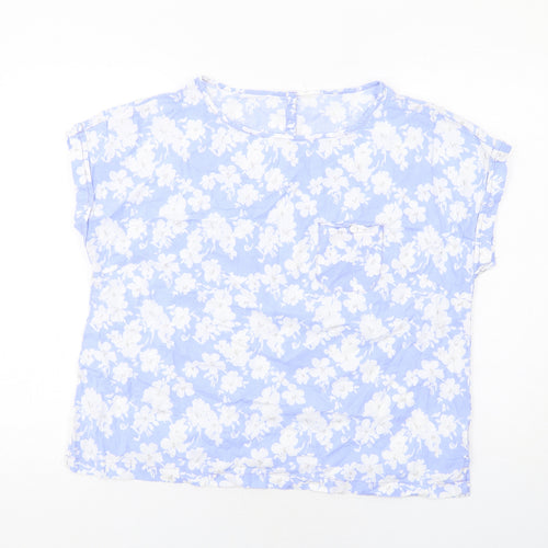 BHS Womens Blue Floral Linen Basic Blouse Size 16 Round Neck