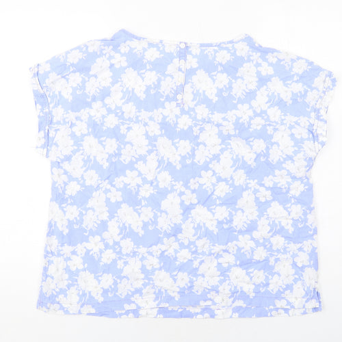 BHS Womens Blue Floral Linen Basic Blouse Size 16 Round Neck