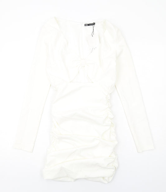 Zara Womens White Polyester Mini Size L V-Neck Zip