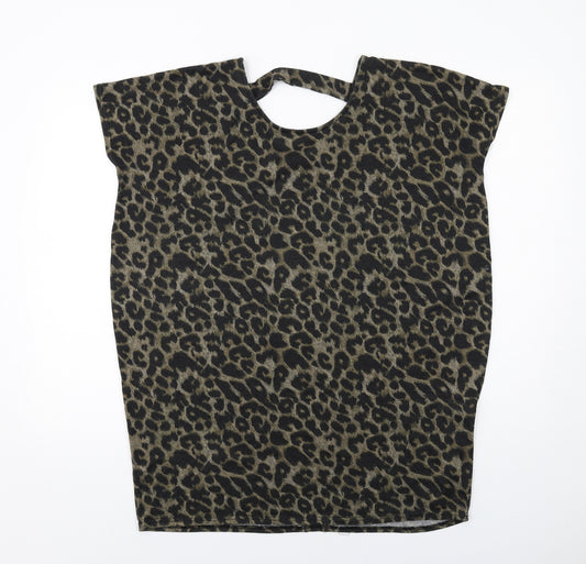 New Look Womens Black Animal Print Polyester Basic Blouse Size L Scoop Neck - Leopard Print