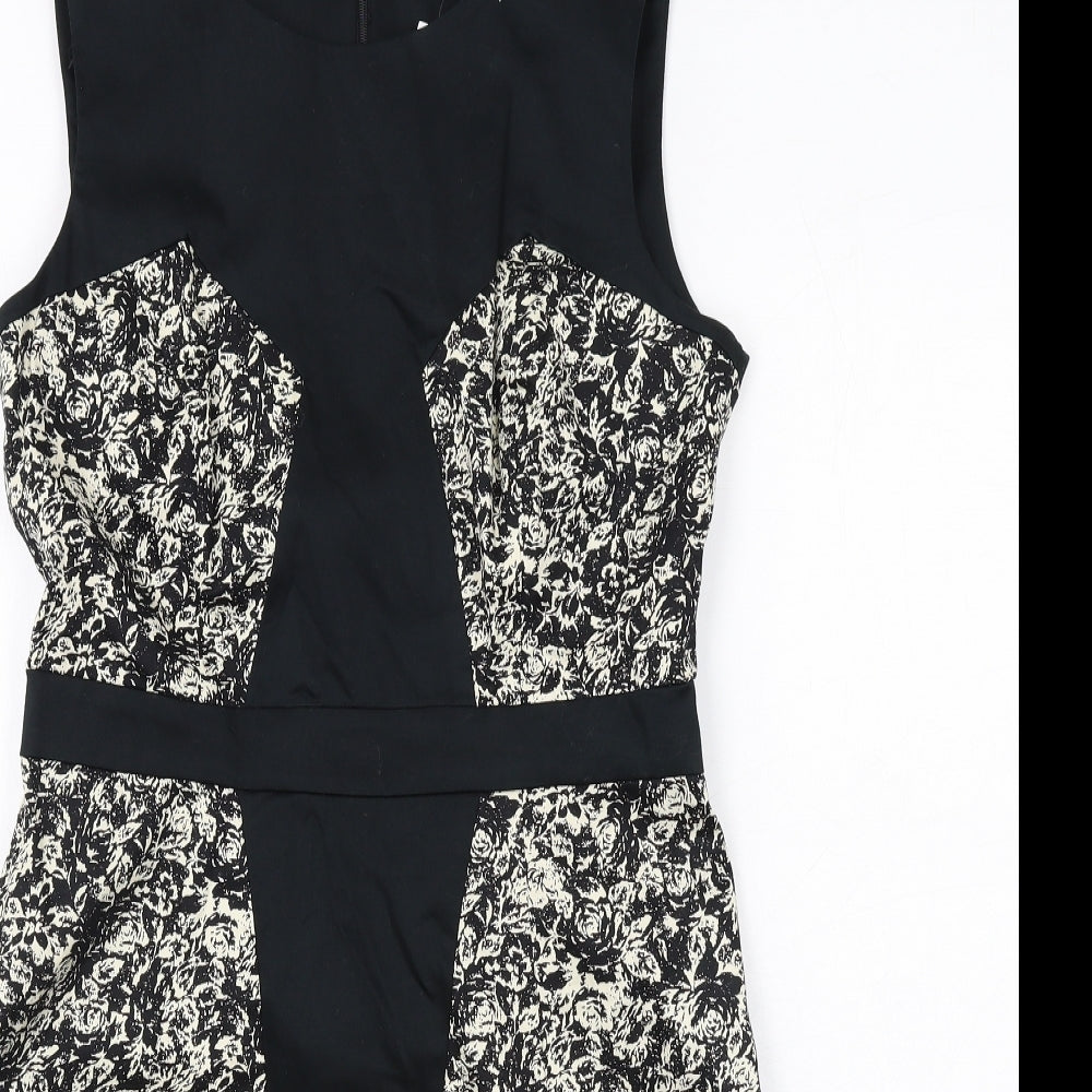 Warehouse Womens Black Floral Cotton Pencil Dress Size 14 Boat Neck Zip