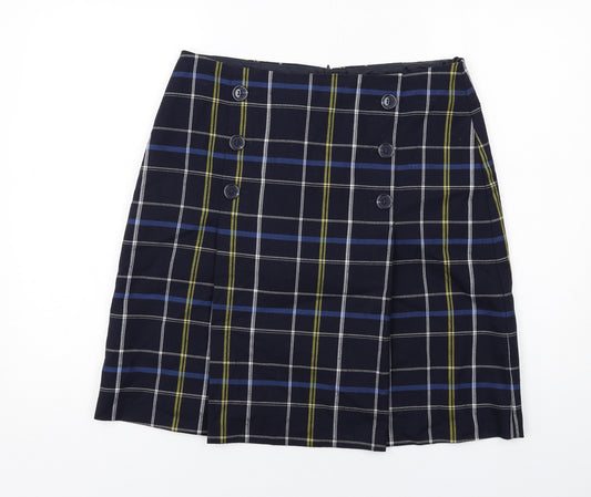 Marks and Spencer Womens Blue Plaid Polyester A-Line Skirt Size 14 Zip