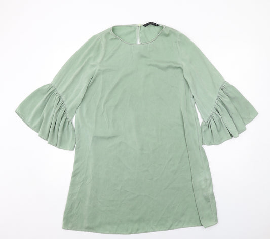 Zara Womens Green Polyester A-Line Size S Round Neck Button