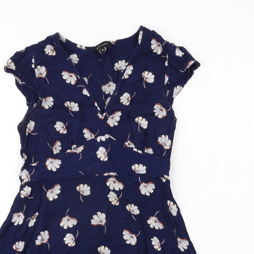 New Look Womens Blue Floral Viscose A-Line Size 10 V-Neck Zip