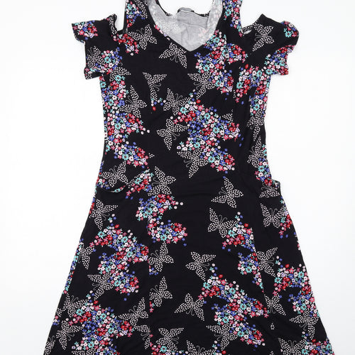 M&Co Womens Black Floral Viscose A-Line Size 12 V-Neck Pullover - Cold shoulder