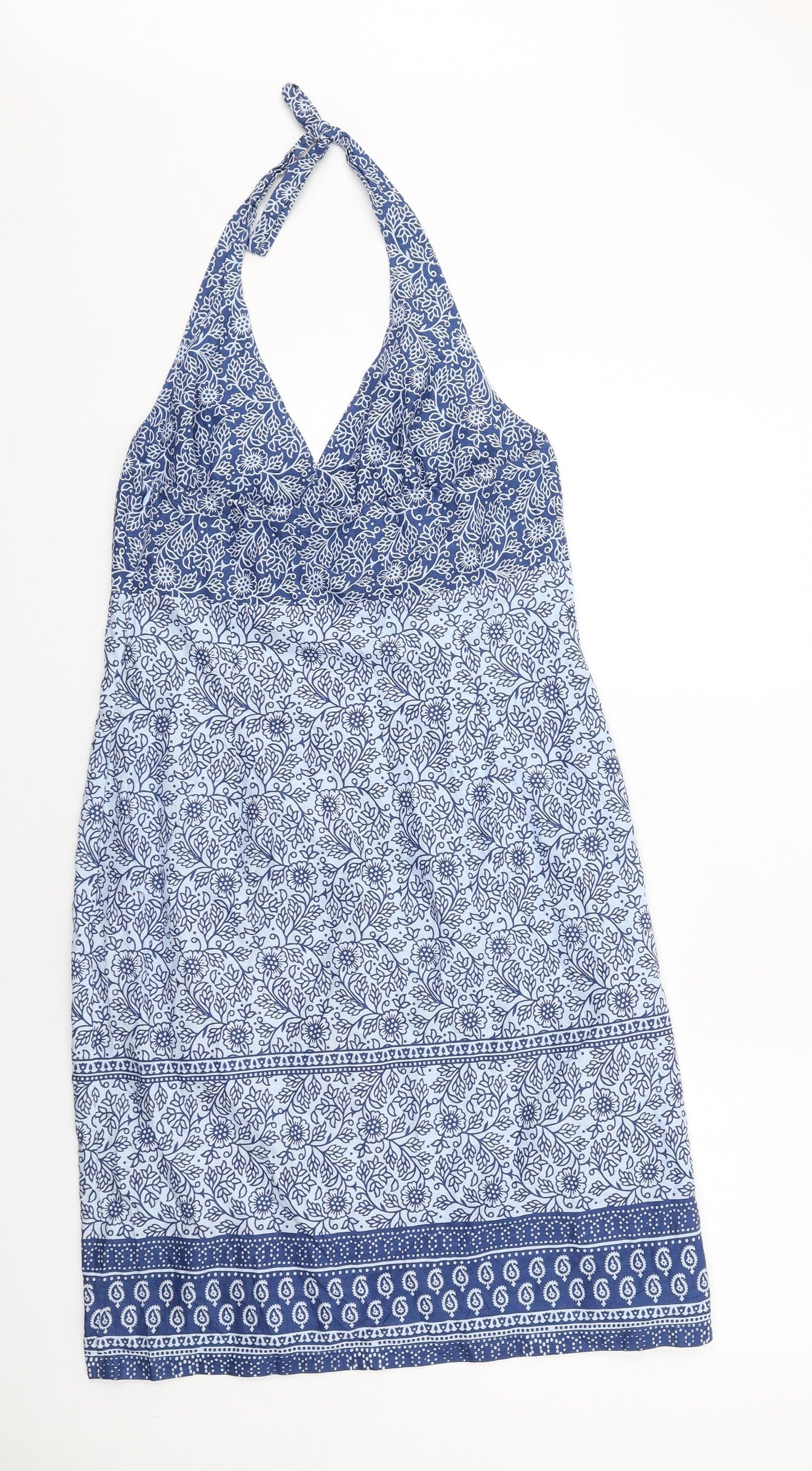 Marks and Spencer Womens Blue Floral Cotton A-Line Size 14 Halter Zip