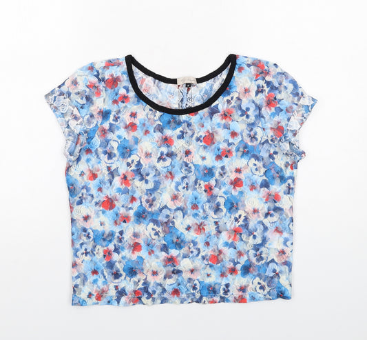 River Island Womens Blue Floral Polyester Basic T-Shirt Size 8 Round Neck