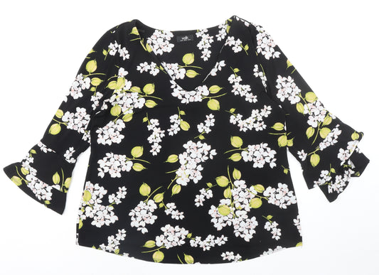 Wallis Womens Black Floral Polyester Basic Blouse Size 16 V-Neck