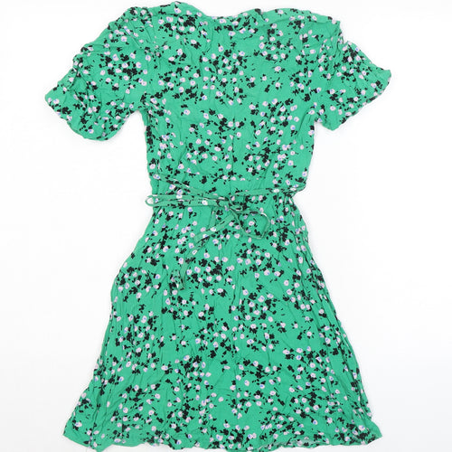 New Look Womens Green Floral Viscose Skater Dress Size 8 V-Neck Zip - Rouched Bodice