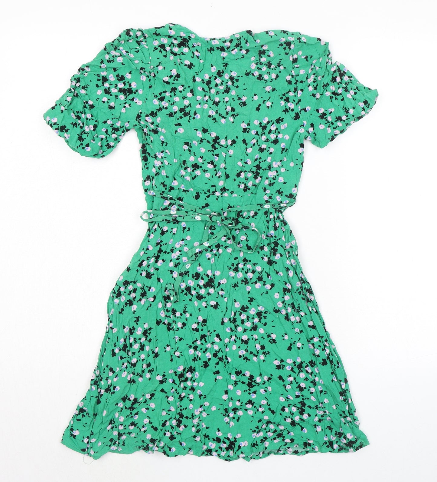 New Look Womens Green Floral Viscose Skater Dress Size 8 V-Neck Zip - Rouched Bodice