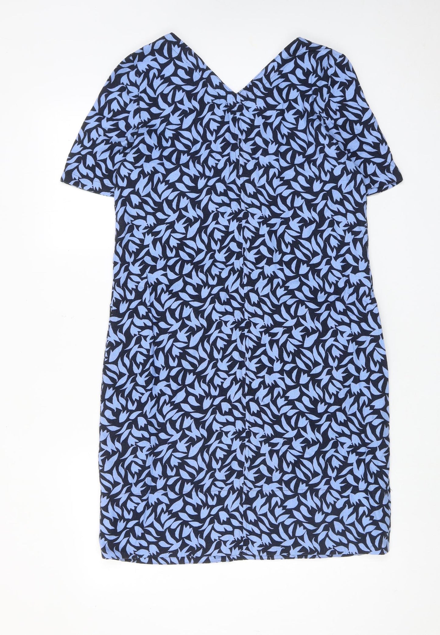 Marks and Spencer Womens Blue Geometric Linen Shift Size 10 V-Neck Pullover