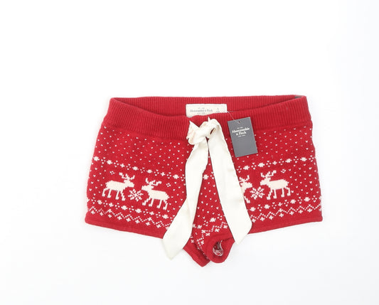 Abercrombie & Fitch Womens Red Geometric Cotton Hot Pants Shorts Size S Regular Drawstring - Christmas Reindeer
