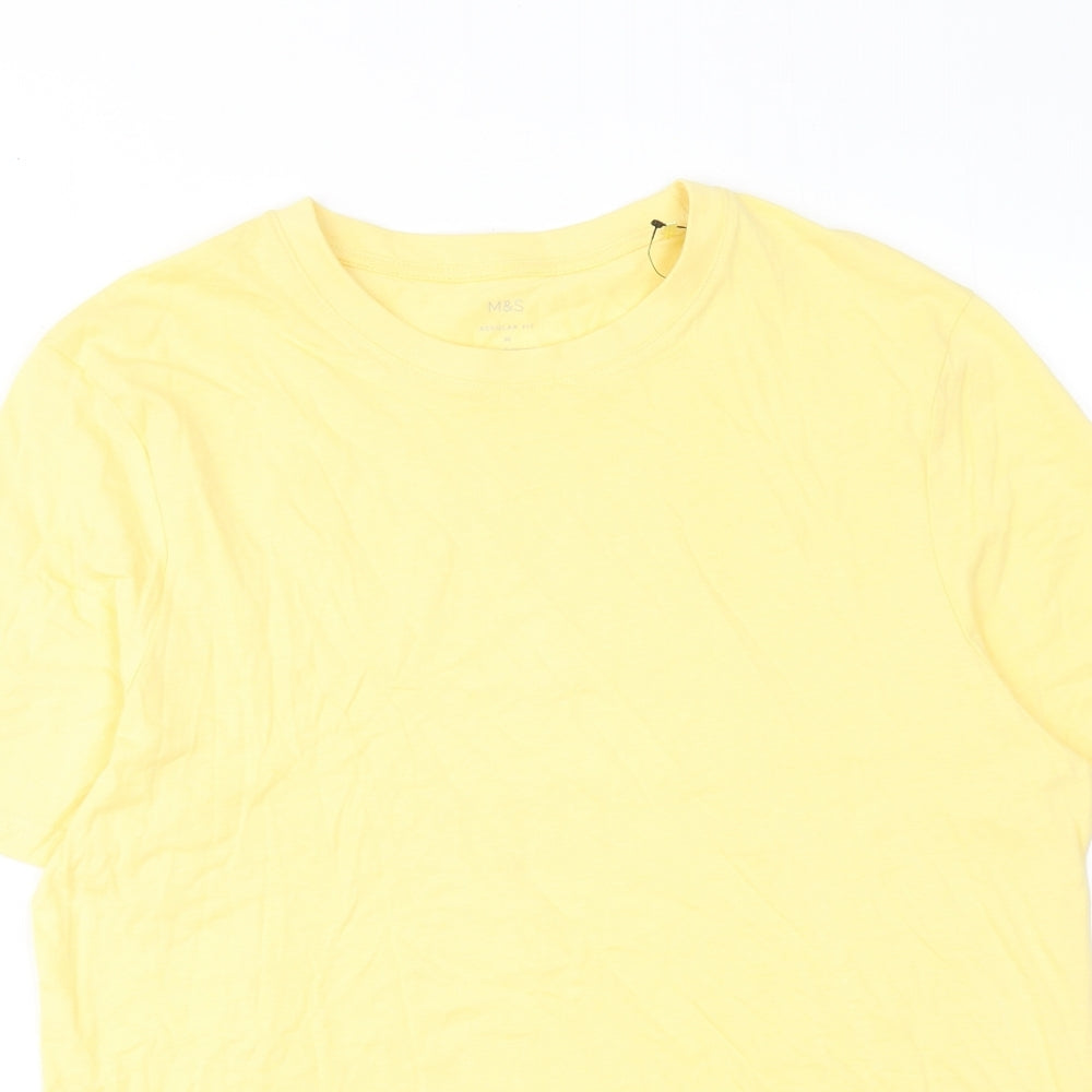 Marks and Spencer Mens Yellow Cotton T-Shirt Size M Round Neck