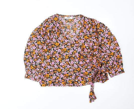 Faith Womens Multicoloured Floral Cotton Wrap Blouse Size 14 V-Neck