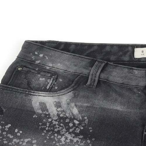 Denim & Co. Womens Black Cotton Boyfriend Shorts Size 8 L3 in Regular Zip - Paint Splatter Raw Hems