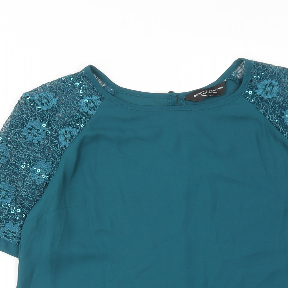 Dorothy Perkins Womens Blue Polyester Basic Blouse Size 10 Boat Neck - Lace Sleeves