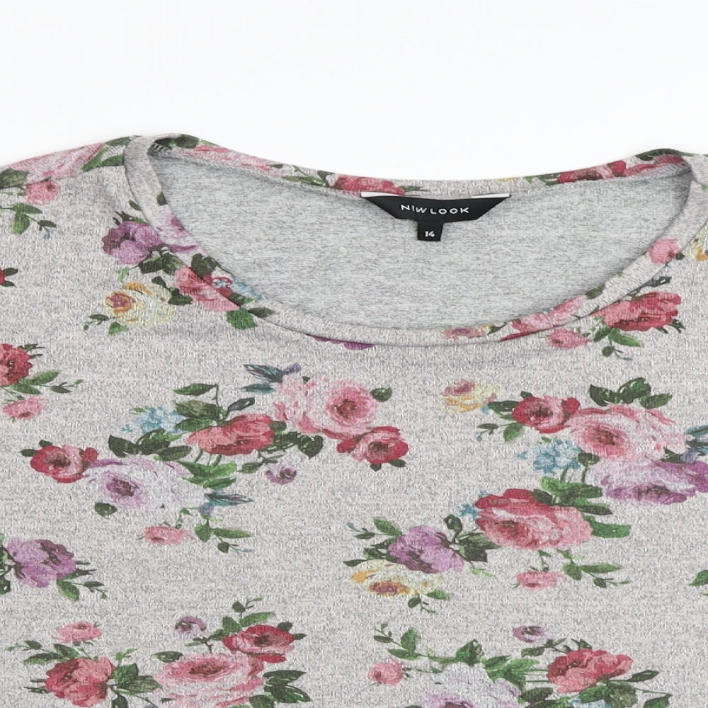 New Look Womens Grey Floral Polyester Cropped Blouse Size 14 Round Neck