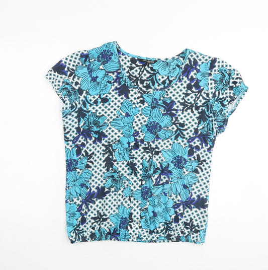 Debenhams Womens Blue Geometric Cotton Basic T-Shirt Size 14 Scoop Neck