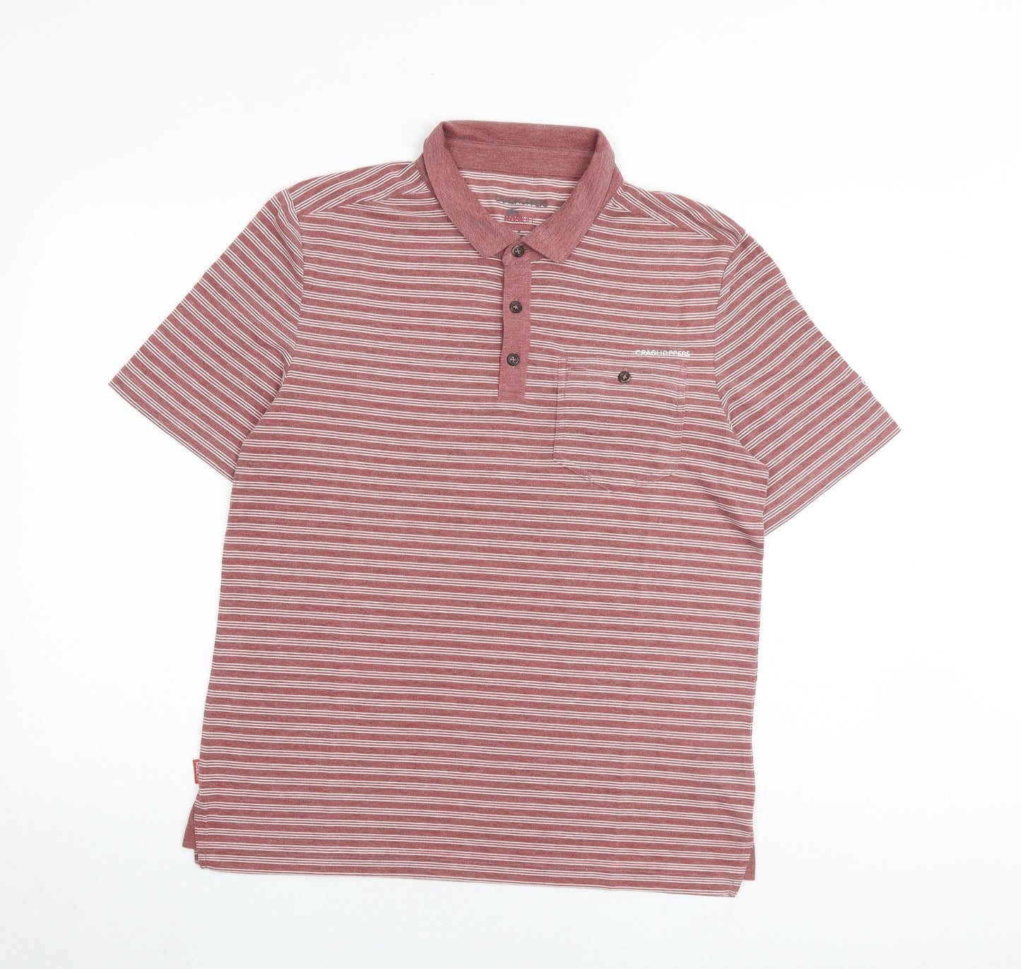 Craghoppers Mens Red Striped Polyester Polo Size M Collared Button