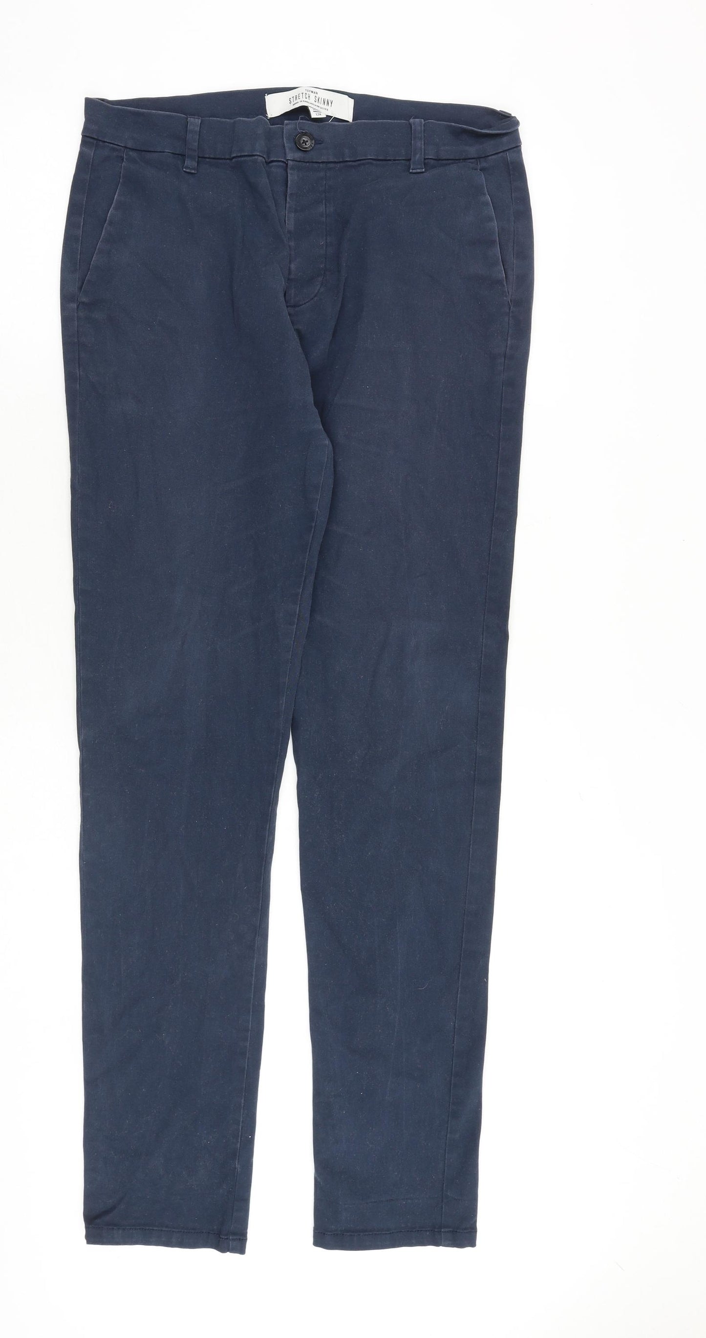 Topman Mens Blue Cotton Chino Trousers Size 34 in L34 in Regular Button