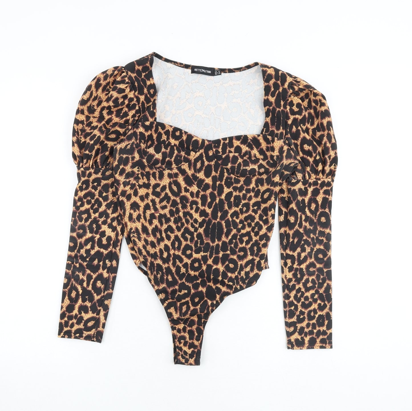 PRETTYLITTLETHING Womens Brown Animal Print Polyester Bodysuit One-Piece Size 12 Snap - Leopard Print