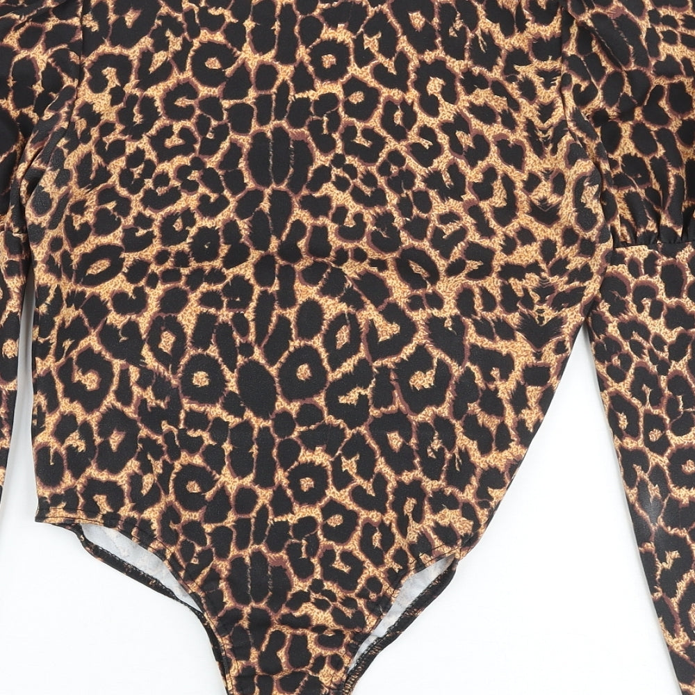 PRETTYLITTLETHING Womens Brown Animal Print Polyester Bodysuit One-Piece Size 12 Snap - Leopard Print