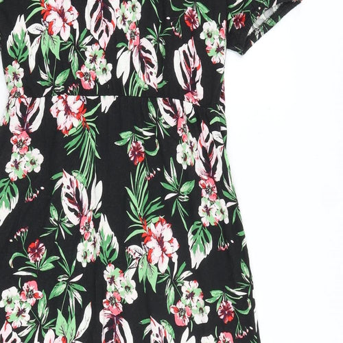 Wallis Womens Black Floral Viscose Shirt Dress Size 14 V-Neck Button