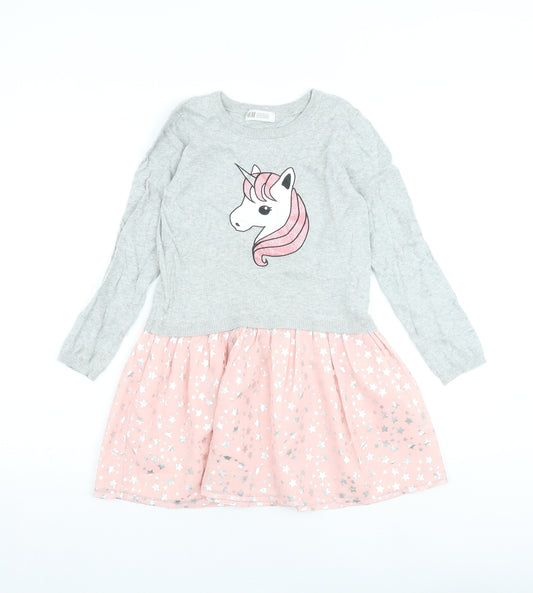 H&M Girls Multicoloured Geometric Cotton Jumper Dress Size 7-8 Years Crew Neck Pullover - Unicorn