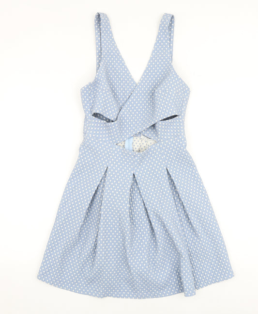 Zara Womens Blue Geometric Polyester A-Line Size M V-Neck Zip - Heart Print