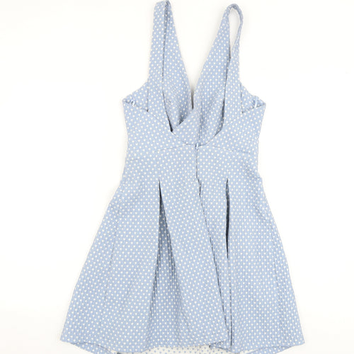 Zara Womens Blue Geometric Polyester A-Line Size M V-Neck Zip - Heart Print