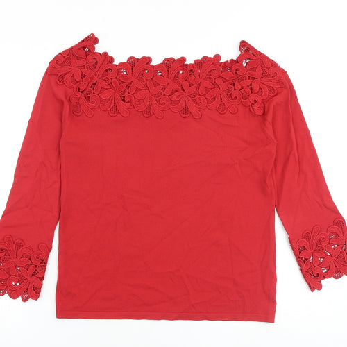 NEXT Womens Red Nylon Basic Blouse Size 12 Off the Shoulder - Crochet Neckline