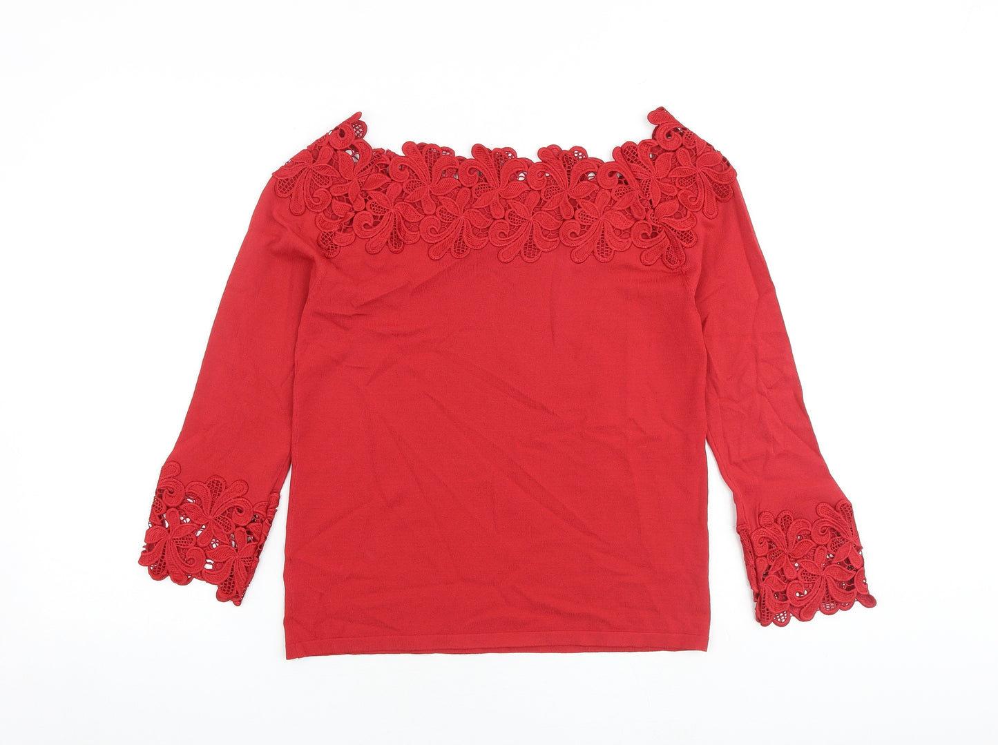 NEXT Womens Red Nylon Basic Blouse Size 12 Off the Shoulder - Crochet Neckline