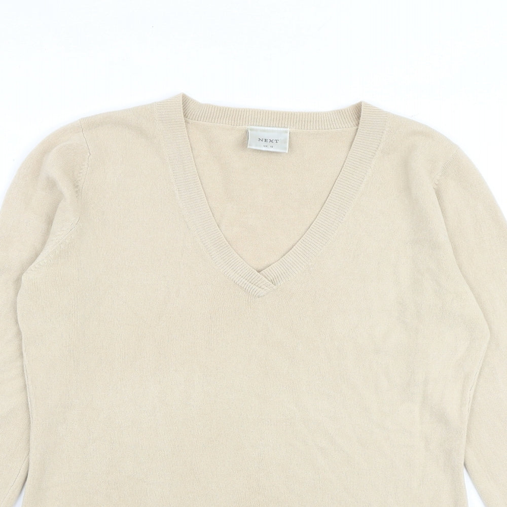 NEXT Womens Beige V-Neck Acrylic Pullover Jumper Size 12