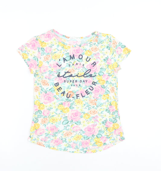 H&M Girls Multicoloured Floral 100% Cotton Basic T-Shirt Size 11-12 Years Round Neck Pullover
