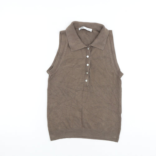 Zara Womens Brown Polyester Basic Tank Size S Collared