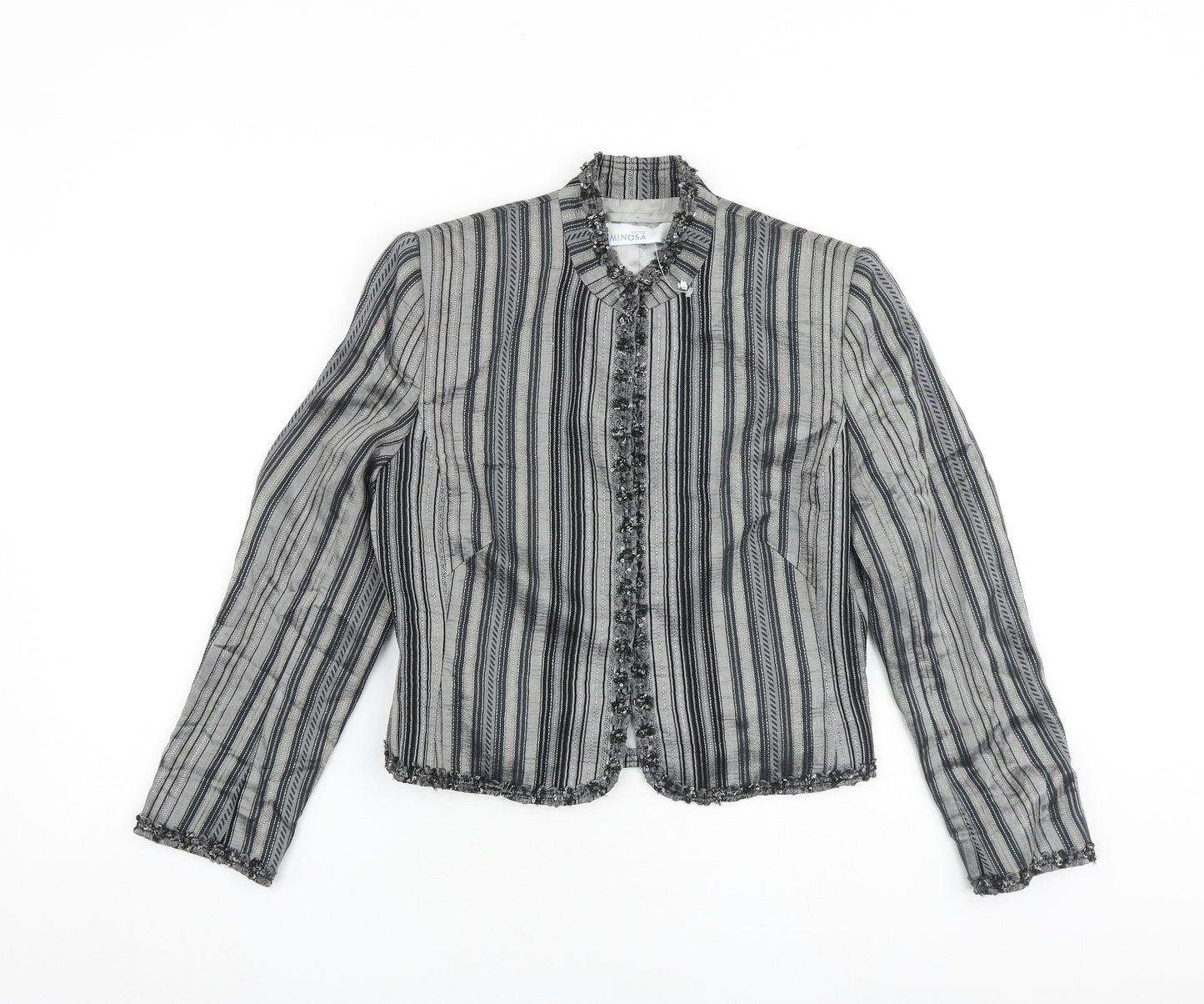 Minosa Womens Grey Striped Jacket Size 12 Hook & Eye