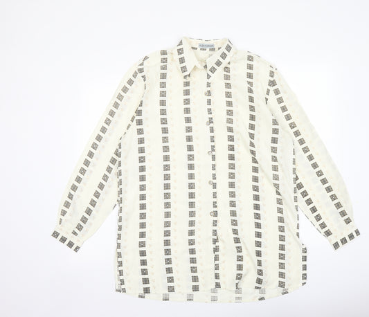 Alba Fornari Mens Ivory Geometric Polyester Button-Up Size M Collared Button