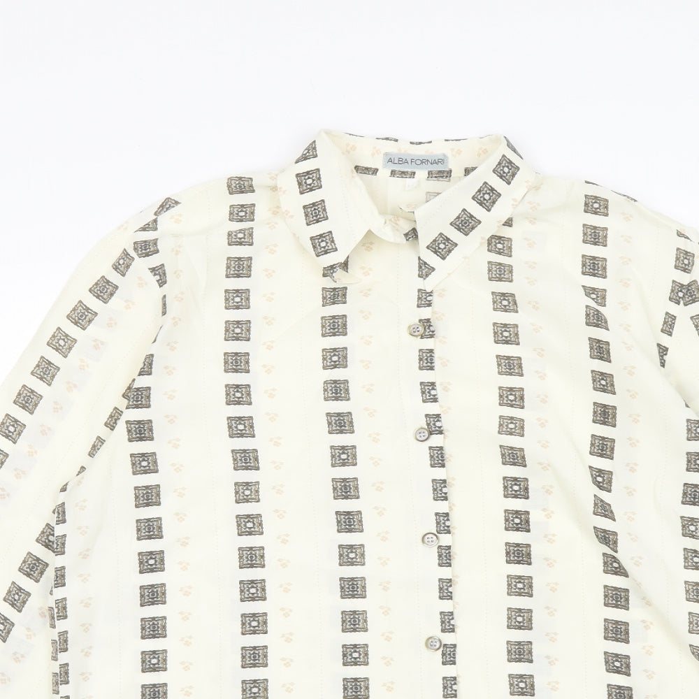 Alba Fornari Mens Ivory Geometric Polyester Button-Up Size M Collared Button