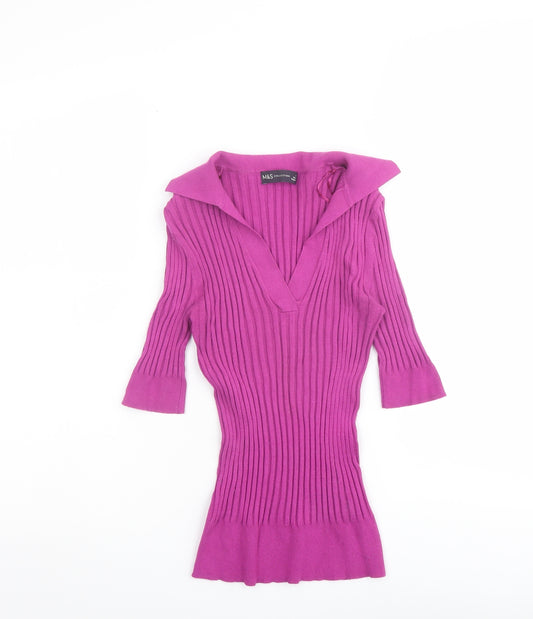 Marks and Spencer Womens Purple V-Neck Viscose Pullover Jumper Size 6