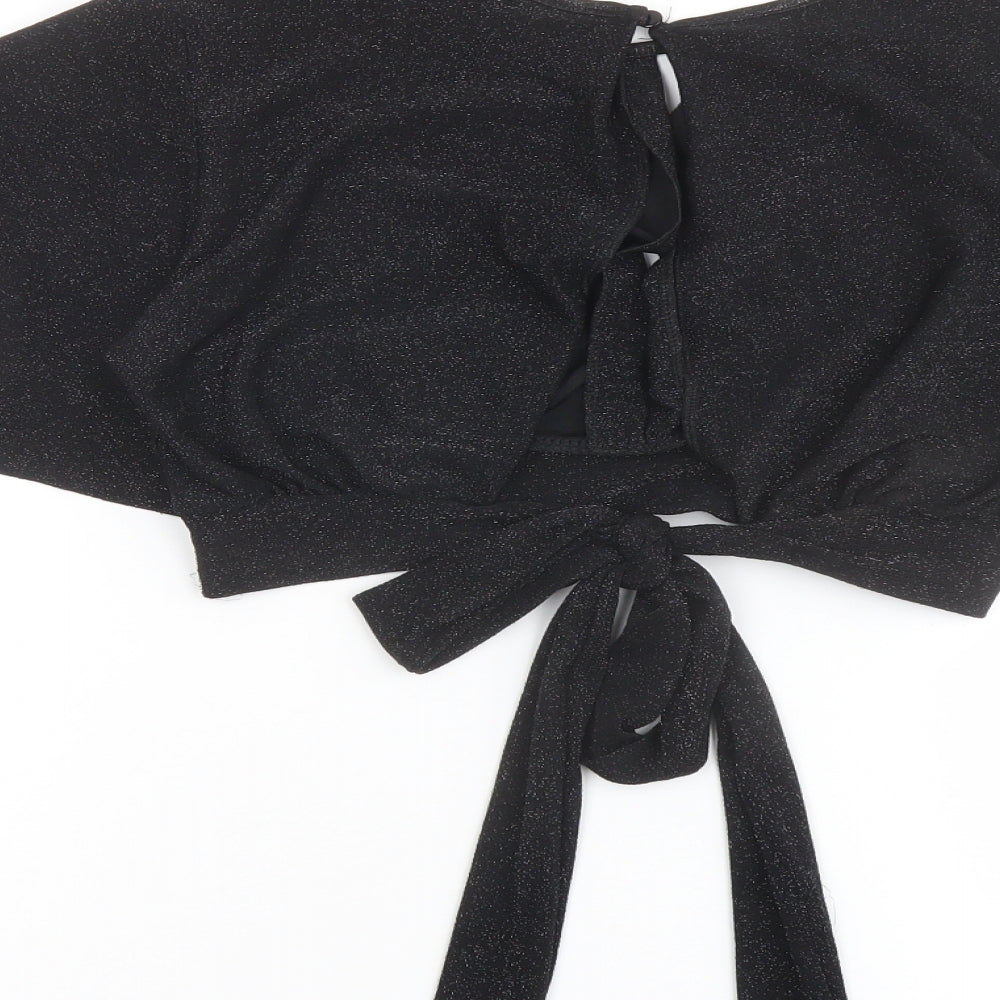 New Look Womens Black Polyester Cropped Blouse Size 8 Boat Neck - Tie Back Detail
