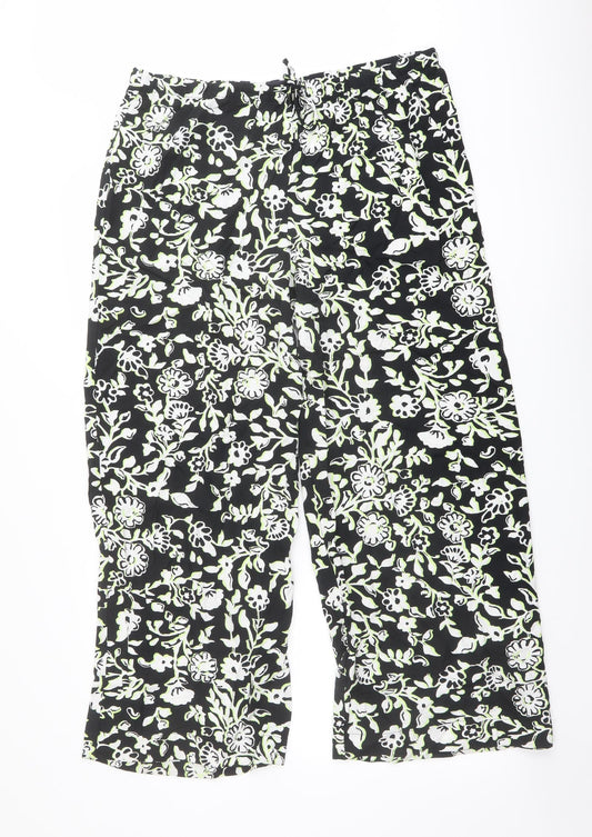 Marks and Spencer Womens Black Floral Viscose Trousers Size 18 L27 in Regular Drawstring