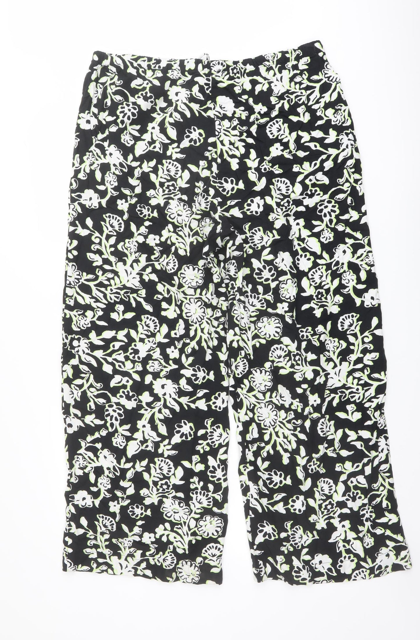 Marks and Spencer Womens Black Floral Viscose Trousers Size 18 L27 in Regular Drawstring