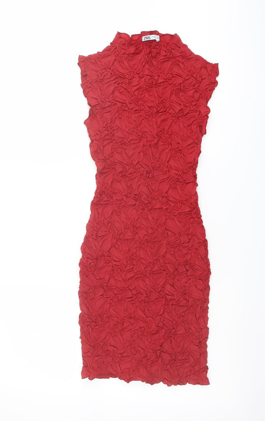 Zara Womens Red Polyester Bodycon Size M Round Neck Pullover