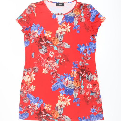 Wallis Womens Red Floral Polyester Basic T-Shirt Size S Round Neck