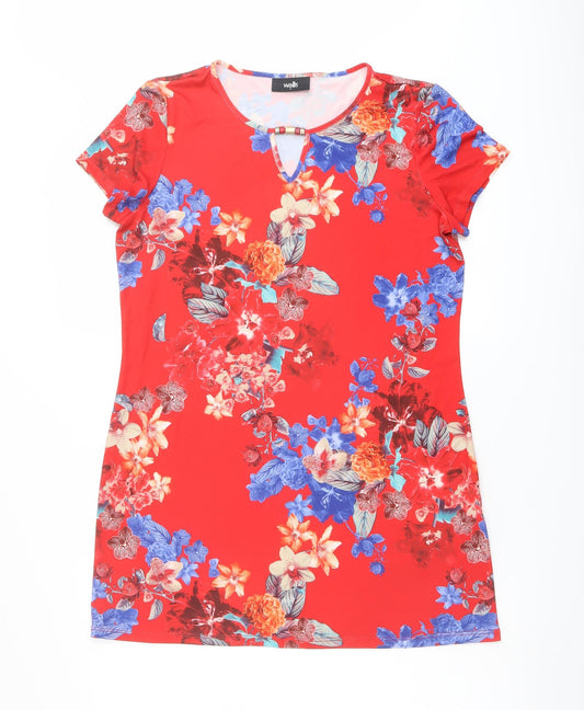 Wallis Womens Red Floral Polyester Basic T-Shirt Size S Round Neck