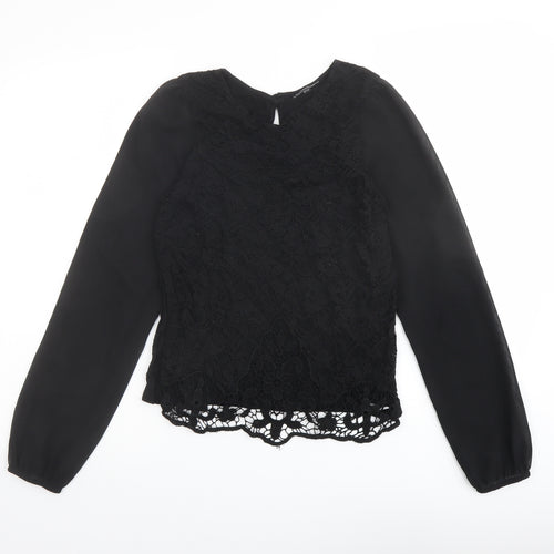 Warehouse Womens Black Viscose Basic Blouse Size 10 Round Neck - Lace Front