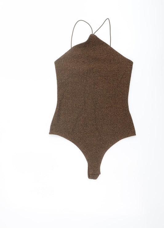 H&M Womens Brown Polyester Bodysuit One-Piece Size S Snap