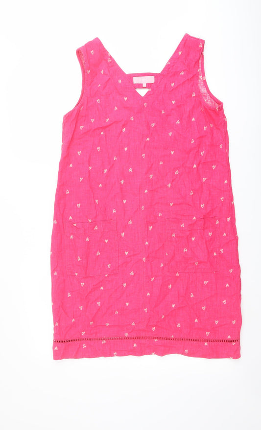 NEXT Womens Pink Geometric Linen A-Line Size 10 V-Neck Pullover - Heart pattern